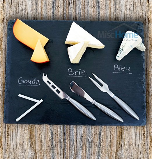 Hot  Gourmet 16 x 12 Inch Slate Cheese Board Set w/ 3 Forged Stainless Steel Cheese Knives & Soap Stone Chalk Premium Slate Cheese Tray and Cheese Platter