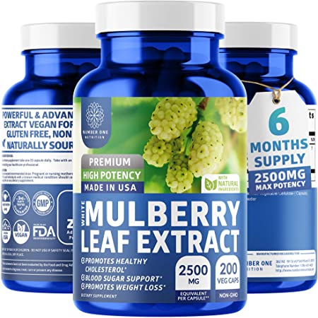 N1N White Mulberry Leaf Extract, [100% Pure, 6M's Supply], Premium Blood Sugar Control. Weight Loss, Appetite, Sugar & Carb Cravings Support, High Potency, Non-GMO, Gluten Free, (2500mg, 200 Veg Caps)