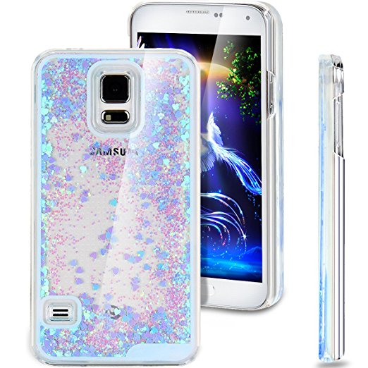 Galaxy S5 Case, NSSTAR Galaxy S5 Bling Case, Liquid Case for Galaxy S5, Creative Design Flowing Liquid Floating Bling Glitter Sparkle Love Heart Hard Case for Samsung Galaxy S5 SV I9600 (Love:Blue)