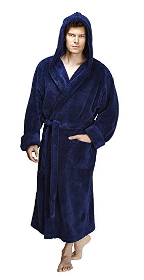 Arus Men's Hooded Fleece Bathrobe Turkish Soft Plush Robe