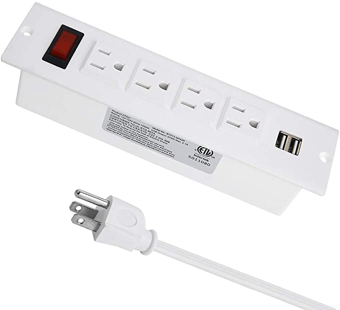 VILONG Recessed Power Strip with USB, Black Desktop Power Grommet, 1440 J 4-Outlets with Standard Plug 9.8 ft Power Cord Conference Office Home Kitchen (White)