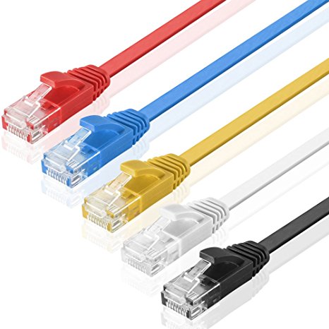 TNP Cat6 Ethernet Patch Flat Cable 3FT (5 Pack) - Professional Gold Plated Snagless RJ45 Connector Computer Internet Networking LAN Wire Cord Jack Plug Premium Twisted Pair 3FT