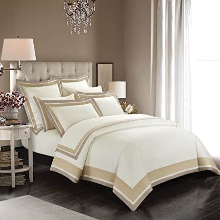 CASA BOLAJ DESIGNED TO DREAM Casabolaj Shading 3 Pieces Duvet Cover Set 100% Egyptian Cotton Sateen Luxury 400 Thread Count-Classic and Contemporary Frame Patchwork Ivory/Beige/Champange(Queen)
