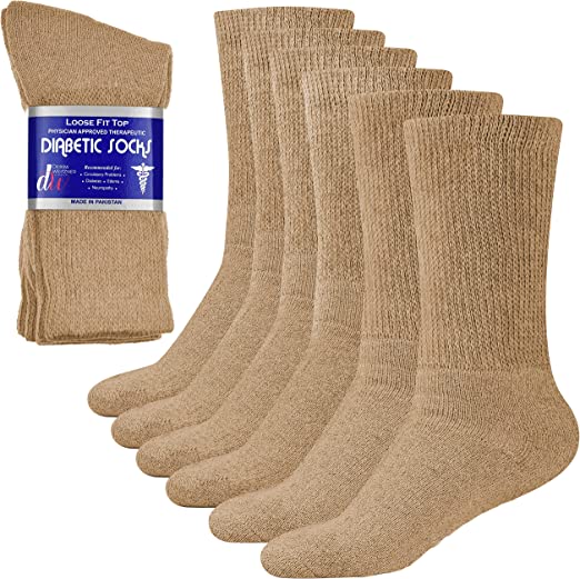 Diabetic Socks for Mens Womens Loose Fit Non-Binding Cotton Crew Socks 6 Pairs