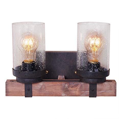 Anmytek Wall Lamp Wooden Wall Light Wall Sconce Fixture with Bubble Glass Shade (Two Lights)