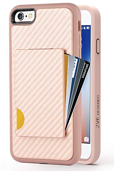 iPhone 6s Wallet Case, iPhone 6 Card Holder Case, ZVEdeng Shockproof iPhone 6s Credit Card Case Carbon Fiber Design Slim Purse Protective Wallet Case iPhone 6 / 6s 4.7'' Rose Gold