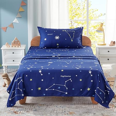 Homiest 3pcs Constellation Sheets Twin Size Bed Set Microfiber Sheet Set, Star Pattern Bed Sheets Cute Soft Bedding Set, Deep Pocket Twin Sheets Sky Printed Sheets for Kids Teen Boys Adults, Navy Blue