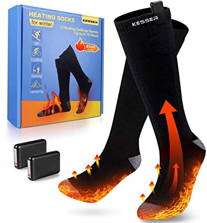 KESSER Heated Scoks (4500mAh) 3 Heating Settings Electric Up to 9-15 Hours with Rechargeable Battery, Thermal Warm Socks for Skiing Camping Hiking Riding Motorcycle Washable Warm Cotton Socks