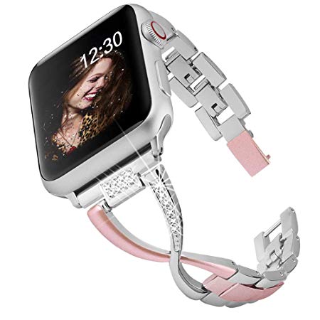BAITEYOU Band Compatible for Apple Watch Bands 38mm 40mm iwatch Series 4 3 2 1 Bands 42mm 44mm for Women Jewelry Metal Wristband Strap,Bracelet Replacement with Bling Diamond X-Link
