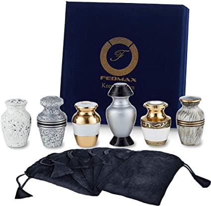 Keepsake Cremation Urns, White (6pc), Small Funeral Urns for Human Ashes w/Velvet Box, by Fedmax.