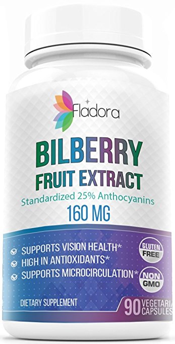 Bilberry Fruit Extract 160 mg - Standardized 25% Anthocyanins - 90 Vegetarian Capsules by Fladora