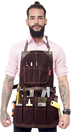 Under NY Sky Tool Brown Apron - Heavy-Duty Waxed Canvas, Leather Reinforcement, Extra Pockets - Adjustable for Men, Women - Pro Mechanic, Woodworker, Blacksmith, Plumber, Electrician, Welder Aprons
