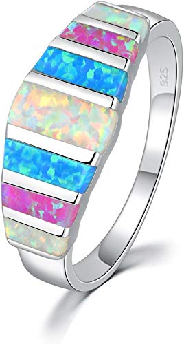 CiNily Women's Opal Rings,Create White Blue Pink Fire Opal Silver Plated Gemstone Ring Size 5-13