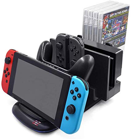 Controller Charger for Nintendo Switch, Welltop Charging Dock Stand Station for Switch Pro Controller, Joy-con, Console Game Card, Joy-con Strap Storage with LED Indicator, Type C Charge Cable