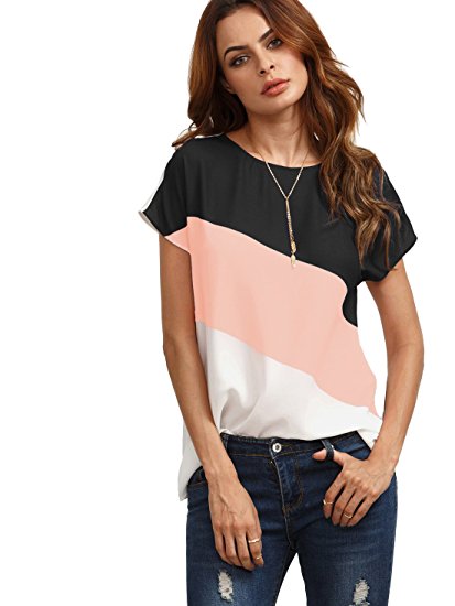 ROMWE Women's color block blouse short sleeve Casual Tee Shirts Tunic Tops