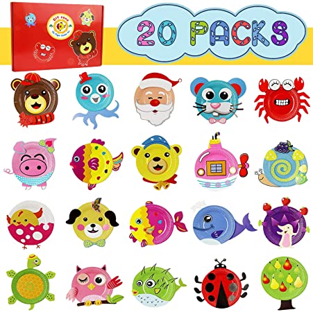 Ecore Fun 20 Packs Paper Plate Art Kit for Kids Toddler Crafts DIY Creative Crafts Animal Paper Plate Sticker Perfect for Boy and Girl Craft Parties, Groups and Classroom