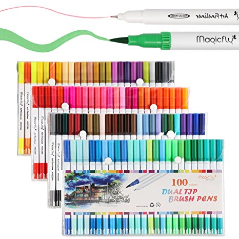 Dual Tip Marker Pens 100 Colors, Magicfly Watercolor Dual Brush Pen with Fineliner Tip 0.4 and Highlighters Brush Tip(1mm-2mm) For Coloring, Art, Sketching, Calligraphy, Manga, Bullet Journal