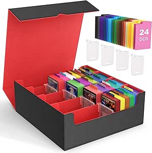 MoKo Trading Card Storage Box, 3000  MTG Deck Box with 24 Colorful Dividers & 4 Card Supporters, Commander Card Deck Case Fits for Magic Game Cards, YugiOh, TCG, PTG and Sport Cards, Black Red