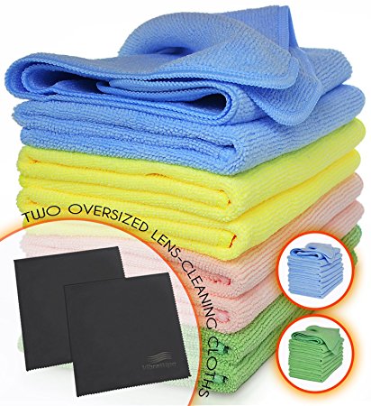 VibraWipe Microfiber Cleaning Cloths, 5-Color Pack, 8 Pieces of All-Purpose Microfiber Cloths and 2 Pieces of Lense Cleaning Cloths. High Absorbent, Lint-Free, Streak-Free