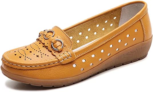 Fangsto Women's Leather Classic Wedge Moccasins Slip-Ons Casual Walking Driving Cutout Breathable