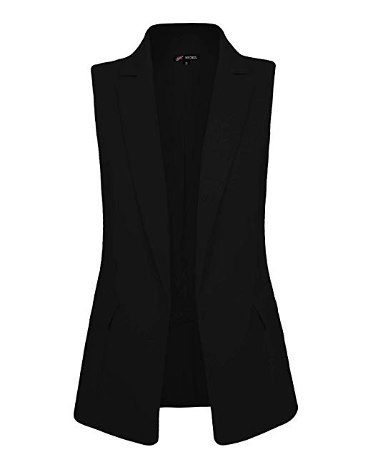 Michel Womens Sleeveless Longline Lapel Blazer Open Front Vest Jacket with Plus Size (1XL ~ 3XL)