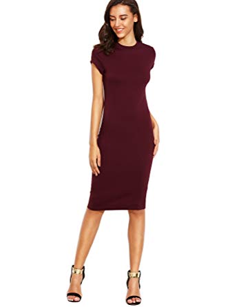 MAKEMECHIC Women's Short Sleeve Classy Solid Stretchy Wear to Work Pencil Dress
