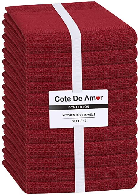 Cote De Amor 12 Pack Kitchen Dish Towels 100% Cotton 16x26 Absorbent Durable Washable, Tea Towels, Dish Cloths, Bar Towels, Cleaning Towels, Kitchen Towels with Hanging Loop, Red