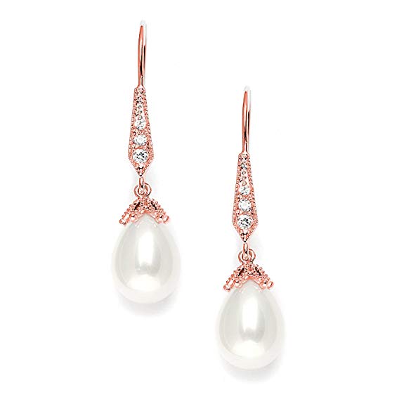 Mariell Rose Gold Cubic Zirconia Vintage French Wire Light Ivory Pearl Teardrop Dangle Bridal Earrings
