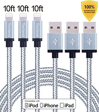 Tecland 3 Pack 10ft iphone 8pin Nylon Braided lightning cords to USB Cable for iPhone 6s, 6s plus, 6plus, 6,5s 5c 5,iPad Mini, Air,iPad5,iPod. (Sliver & gray)