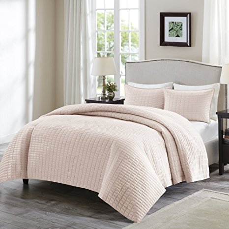 Comfort Spaces - Kienna Quilt Mini Set - 3 Piece - Blush - Stitched Quilt Pattern - King size, includes 1 Quilt, 2 Shams