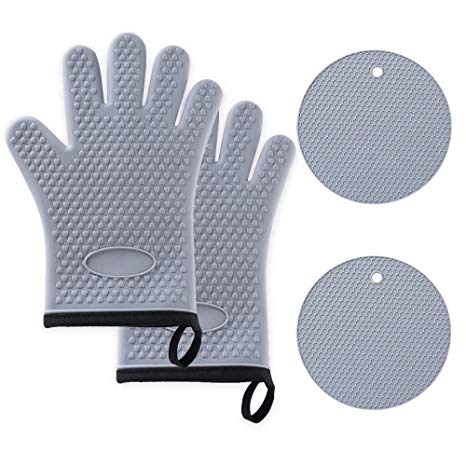 Aibrisk Silicone Oven Mitts and Pot Holders,4PCS Thicken Heat Resistant Flexible Non-Slip Surface Cooking Gloves and Potholders Trivet Mats for Safe Oven BBQ Kitchen Counter Hot Dishes or Pans