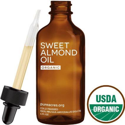 Sweet Almond Oil (Organic) - For Skin, Hair and Face - 4oz Glass Bottle   FREE Recipe eBook! - All Natural Sensual Massage Oil - Use with Essential Oils and Aromatherapy as a Carrier and Base oil