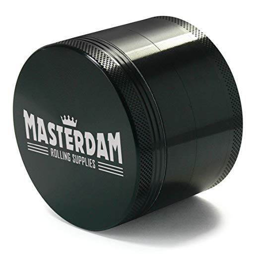 Masterdam Grinders Premium Large 2.5 Inch Herb Grinder with Micron Screen - 4 Part Black Anodized Aluminium