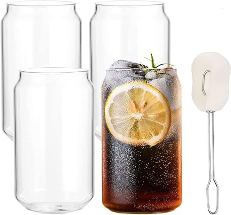 ALINK 4-Pack Large Beer Glasses, 20 oz Can Shaped Drinking Glasses, Bubble/ Boba Tea Cup Tumbler for iced coffee, soda, Plus 1 Sponge Brush