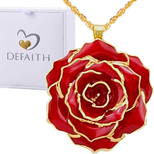 DEFAITH Real Rose Pendant Necklace 24K Gold Dipped, Best Gifts for her Wife Girlfriend Mother Women for Anniversary Valentine's Day Birthday