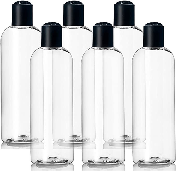 ljdeals 4 oz Clear Plastic Empty Bottles with Black Disc Top Caps, Squeezable Refillable Containers for Shampoo, Lotions, Cream and more Pack of 6, BPA Free, Made in USA