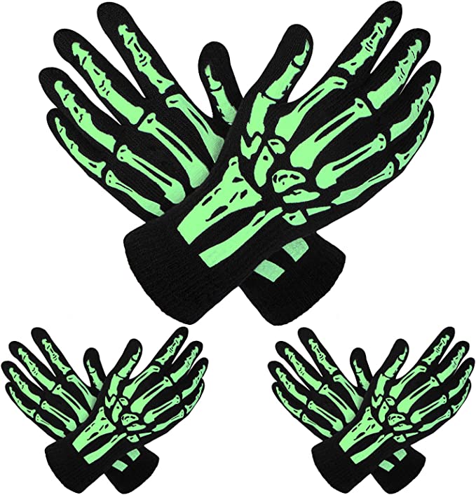 Cooraby 3 Pairs Glow in the Dark Full Finger Skeleton Gloves Halloween Skull Bone Gloves