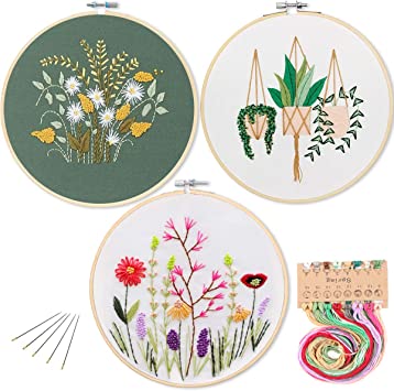 3 Pack Embroidery Starter Kit with Pattern, Kissbuty Full Range of Stamped Embroidery Kit Including Embroidery Cloth with Pattern, Bamboo Embroidery Hoops, Color Threads and Tools Kit (Floral Plants)