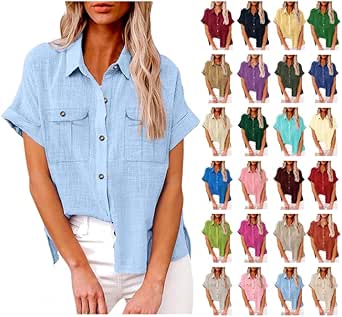 Women's Button Down Cotton Linen Shirts V Neck Roll Up Short Sleeve Blouses Loose Collared Shirt Summer Casual Tops