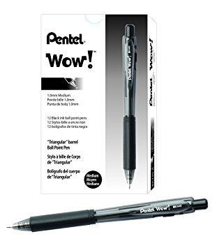 Pentel WOW! Retractable Ballpoint Pens, Medium Line, Black Ink, Box of 12 (BK440-A)