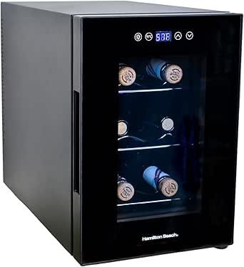 Hamilton Beach 6 Bottle Wine Fridge for Red, White, Sparkling, or Champagne Beverages, Digital Display, Adjustable Cooler Temperature, Table or Countertop Storage, Free Standing, 13L