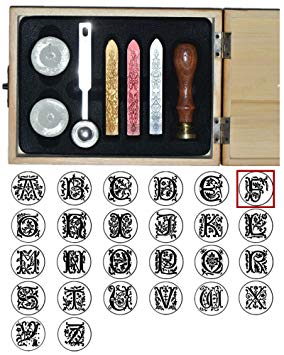 XICHENWood Gift Box Stamp Seal Sealing Wax Vintage Classical Old-fashioned Antique Alphabet Initial Letter Set Brass Color Creative Mysterious Stamp Maker Kit A-Z (F)
