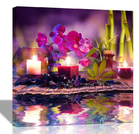 Eden Art One Panel Phalaenopsis Bamboo Candle with Black Spa Stones Pictures Prints on Canvas Wall Artwork, Modern Stretched and Framed HD Giclee Walls Artwork for Room Decorations, 12x12 Inch