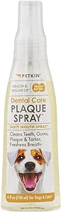 Petkin Plaque Spray, Peanut Butter, 4 Fl Oz - Cleans Teeth & Gums, Removes Plaque & Tartar, Freshens Breath & Whitens Teeth with Baking Soda - Ideal Cat & Dog Dental Spray with No Brushing or Rinsing