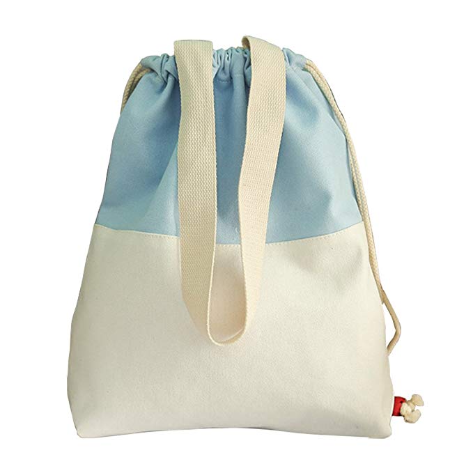 Unique Style Natural Canvas Tote Bags- Durable Drawstring Backpack Canvas Bags for Women Student Teacher Travel Shopping Beach or Sport Gym Sack (Light Blue, 15"x12.6")