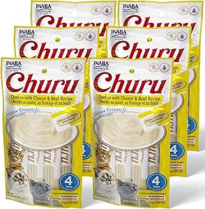 INABA Churu Cat Treats, Grain-Free, Lickable, Squeezable Creamy Purée Cat Treat/Topper with Vitamin E & Taurine, 0.5 Ounces Each Tube, 24 Tubes (4 per Pack), Chicken with Cheese & Beef Recipe