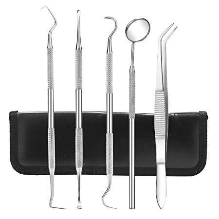 niceEshop(TM) 5 PCS Dental Hygiene Kit - Includes Tarter Scraper, Dental Pick, Anti Fog Mouth Mirror, Dental Scaler, Tweezers- Professional Surgical Grade Dentist Approved Tools