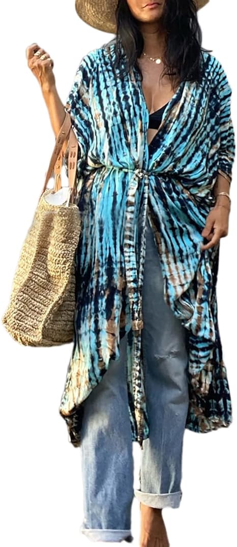 Bsubseach Stylish Tie Dye Open Front Long Kimono Swimsuit Cover up for Women