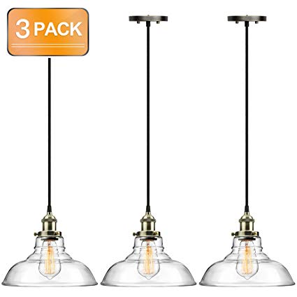 Pro 1-Light Industrial Edison Vintage Hanging Lamp, Height Adjustable Glass Pendant Light, Antique Brass Brushed E26 Socket, Perfect for Kitchen, Dining Room