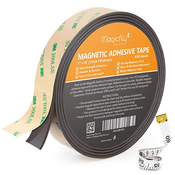 Magnetic Tape, Magicfly 1 Inch X 15 Feet Magnetic Strip with Adhesive Backing for Craft and DIY Projects, Sticky Magnetic Roll for Fridge